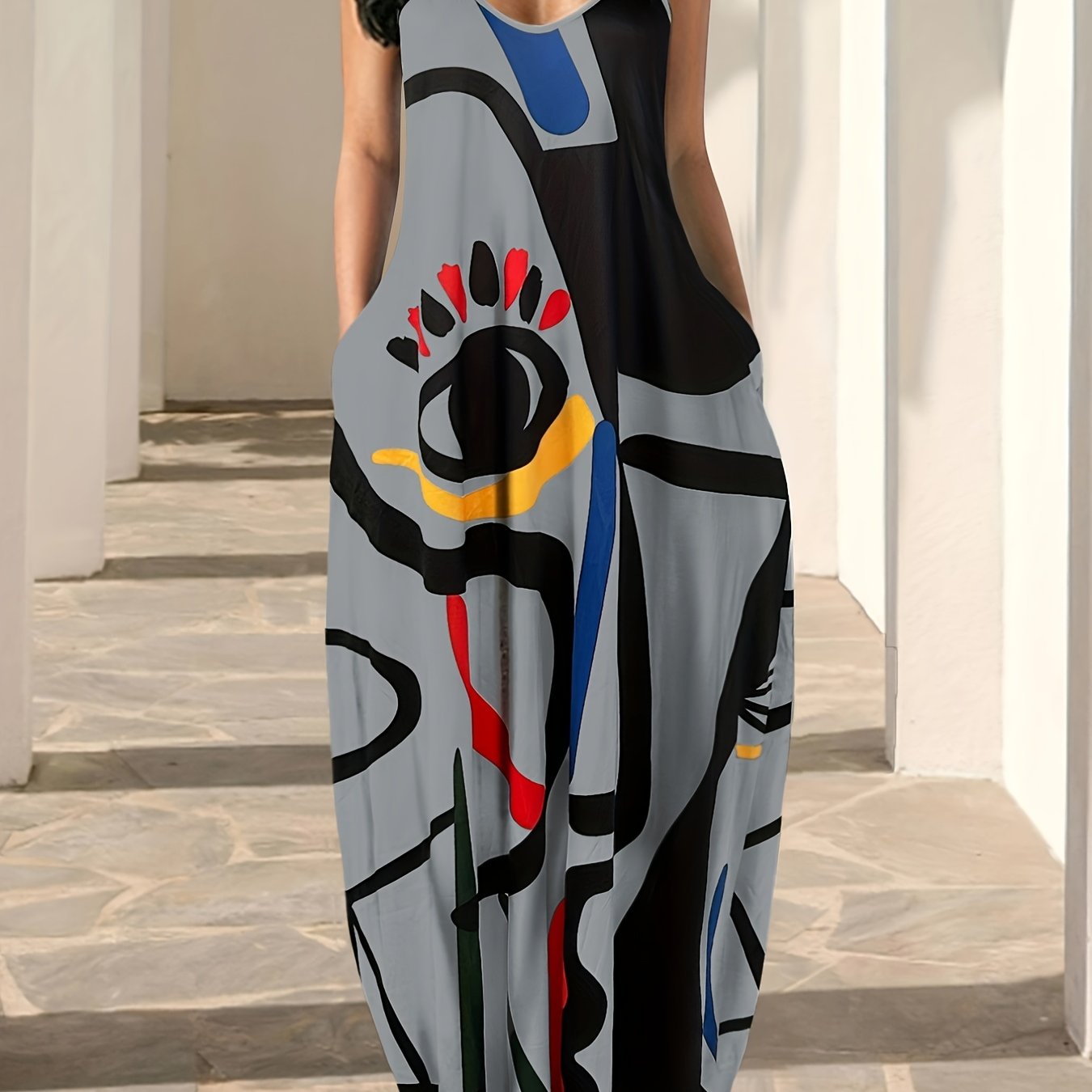 IKEARLAX Flowing Maxi Sundress - Vibrant Abstract Art Print - Breezy Spaghetti Straps - Versatile Summer Attire for Women