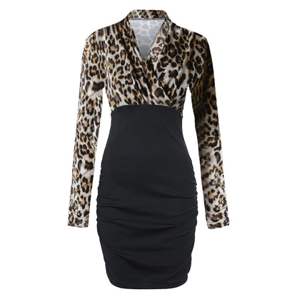 IKEARLAX Foreign Trade  New Fashion Sexy European and American Women's V-neck Long Sleeve Leopard Splicing Slim Sheath Dress