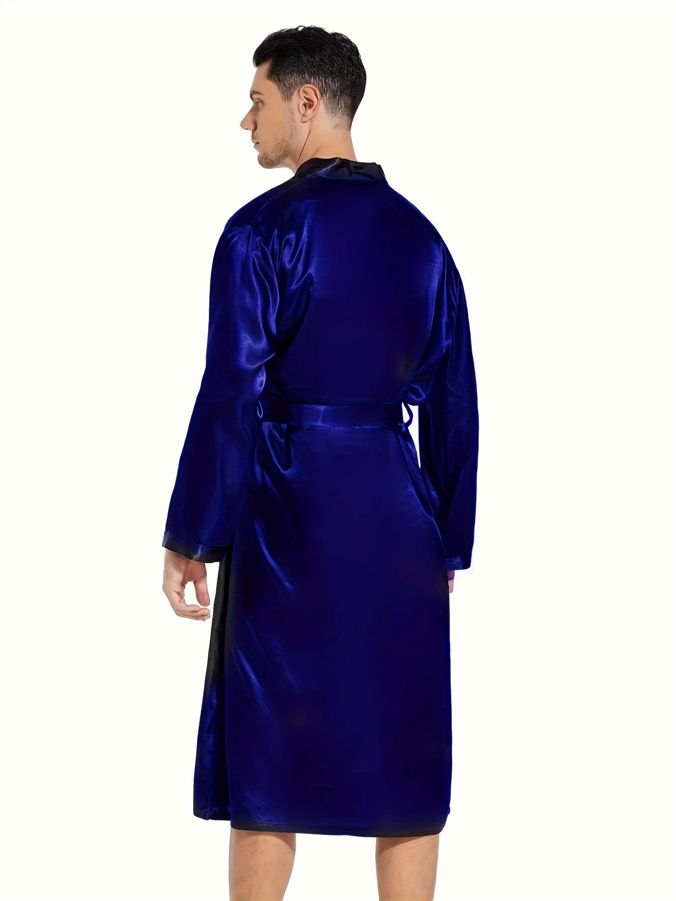 Mens' Gentle Silky Solid Color Long Sleeve Robe, Vacation Elegant Style Comfortable Sleepwear Kimono Bathrobe With Belt Spa Home Wear