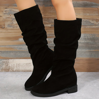 Comfy Chic Mid-Calf Boots - Knee-High Shoes for Women with Slip-On Design, Heightening, Solid Color, Winter Casual Style, and Soft Insoles for All-Day Comfort