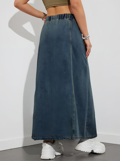 Elegant Women's Denim Midi Skirt with Pockets - Stretch Waist, Loose Fit, Non-Stretch Fabric, Machine Washable - Perfect for Spring/Summer/Fall