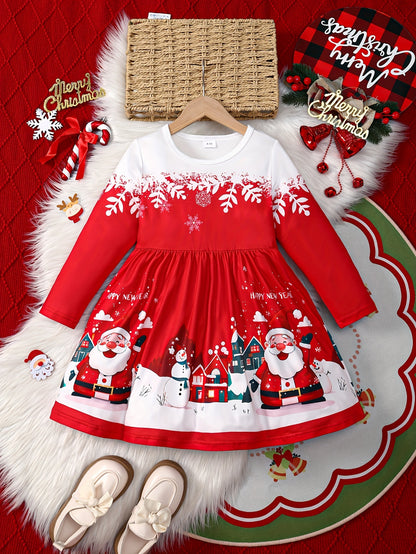 Girls' Christmas Dress, Long Sleeve, Round Neck, Stretchy Snowflake & Santa Print, Party Style, Polyester Knit, Regular Fit, All-Season, Children's Holiday Dress