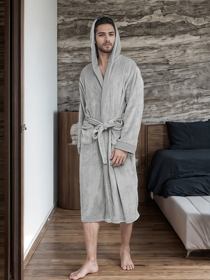 Men's Elegant Solid Hooded Flannel Plush Bathrobe, Soft, Cozy, Casual Long Sleeve Robe With Belt And Pockets, Autumn/Winter