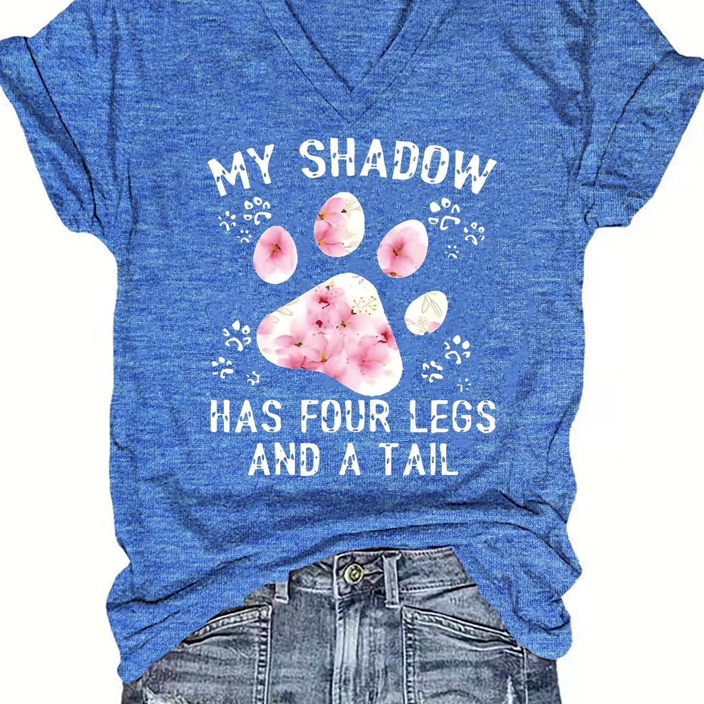 Women's Paw Print V-Neck T-Shirt - Comfy Short Sleeve Casual Top, Perfect for Spring & Summer, Fashionable Everyday Wear