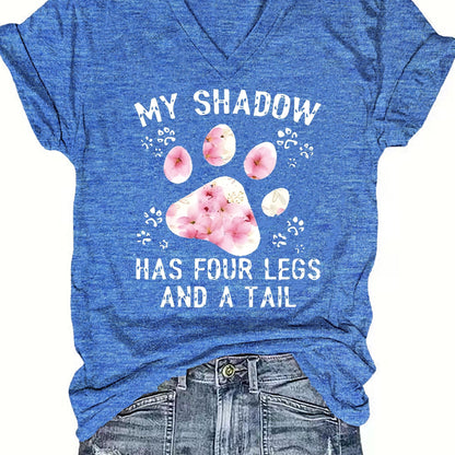 Women's Paw Print V-Neck T-Shirt - Comfy Short Sleeve Casual Top, Perfect for Spring & Summer, Fashionable Everyday Wear