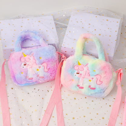 Kawaii Unicorn Pattern Plush Bag, All-Match Satchel Bag, Trendy Shoulder Bag For Shopping