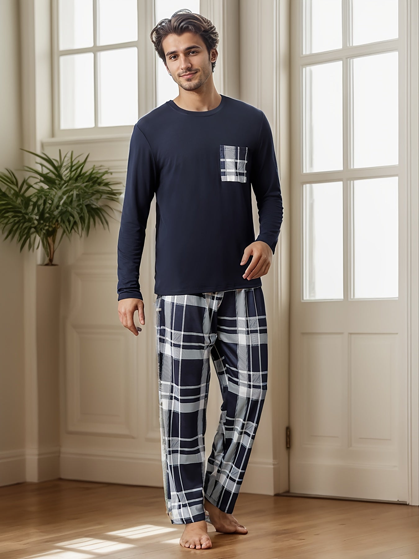 2 Pcs Men's Simple Plaid Pocket Round Neck Long Sleeve & Plaid Trousers Pajama Set, Comfortable & Skin-friendly Style Pajamas For Men's Cozy Loungewear