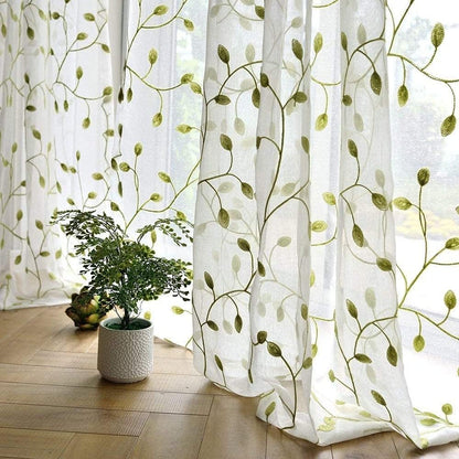 1pc Green Leaf Embroidered Sheer Curtain - Breathable Rustic Voile Panel for Bedroom, Kitchen, Balcony, Living Room, and Home Decoration with Elegant Embroidery Design