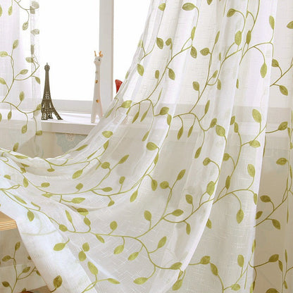 1pc Green Leaf Embroidered Sheer Curtain - Breathable Rustic Voile Panel for Bedroom, Kitchen, Balcony, Living Room, and Home Decoration with Elegant Embroidery Design