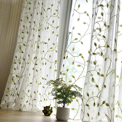 1pc Green Leaf Embroidered Sheer Curtain - Breathable Rustic Voile Panel for Bedroom, Kitchen, Balcony, Living Room, and Home Decoration with Elegant Embroidery Design