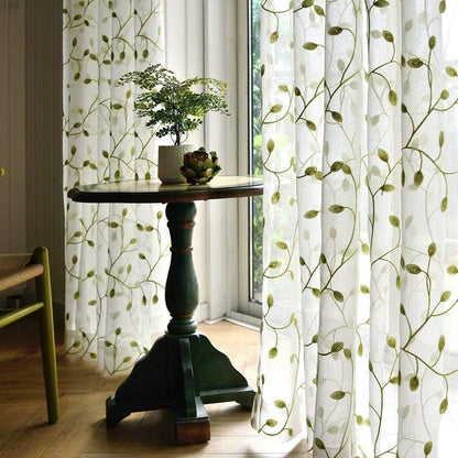 1pc Green Leaf Embroidered Sheer Curtain - Breathable Rustic Voile Panel for Bedroom, Kitchen, Balcony, Living Room, and Home Decoration with Elegant Embroidery Design