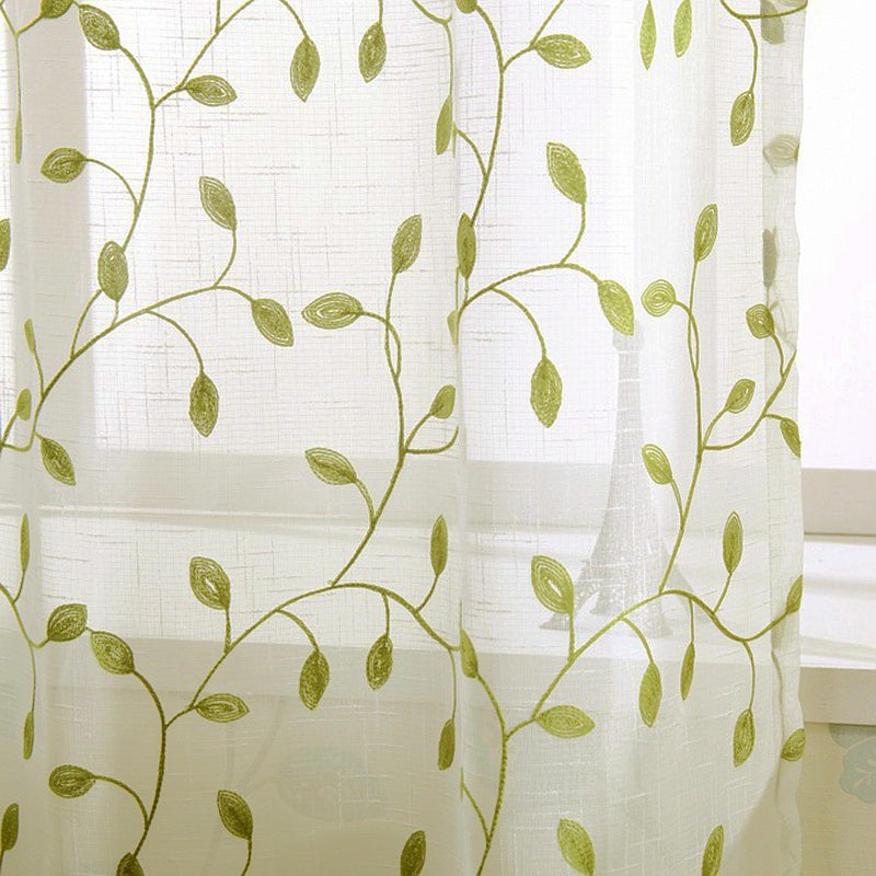 1pc Green Leaf Embroidered Sheer Curtain - Breathable Rustic Voile Panel for Bedroom, Kitchen, Balcony, Living Room, and Home Decoration with Elegant Embroidery Design