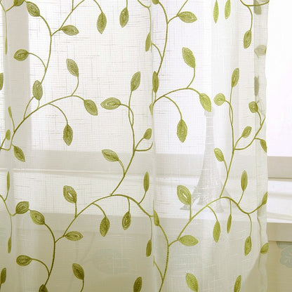 1pc Green Leaf Embroidered Sheer Curtain - Breathable Rustic Voile Panel for Bedroom, Kitchen, Balcony, Living Room, and Home Decoration with Elegant Embroidery Design