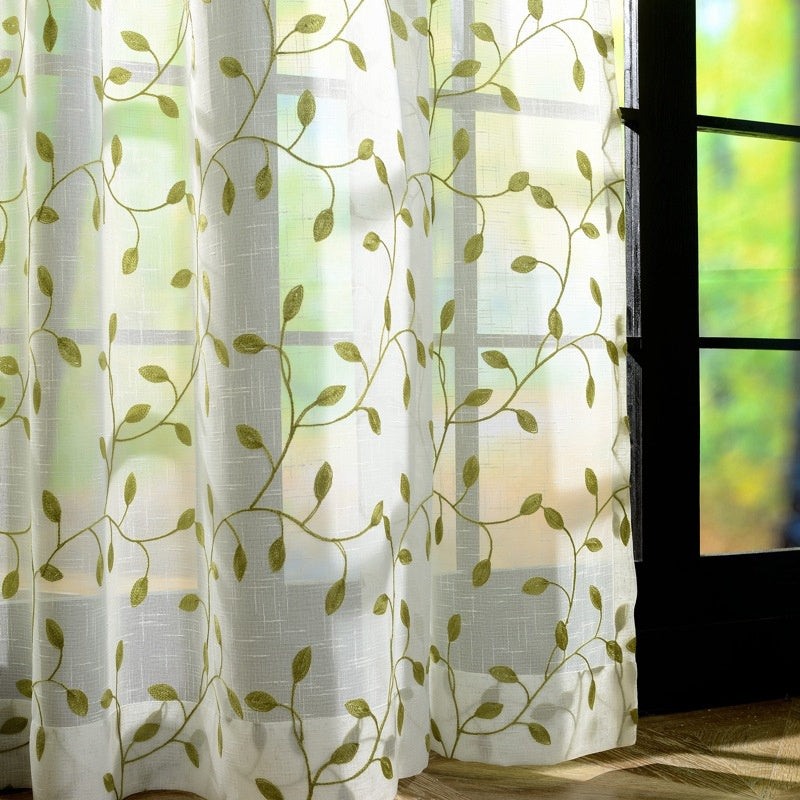 1pc Green Leaf Embroidered Sheer Curtain - Breathable Rustic Voile Panel for Bedroom, Kitchen, Balcony, Living Room, and Home Decoration with Elegant Embroidery Design