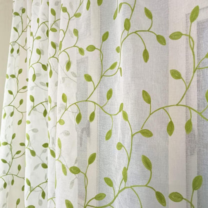 1pc Green Leaf Embroidered Sheer Curtain - Breathable Rustic Voile Panel for Bedroom, Kitchen, Balcony, Living Room, and Home Decoration with Elegant Embroidery Design