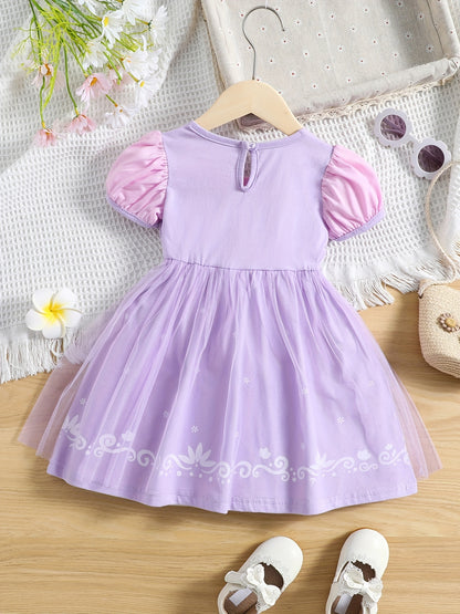 Girls Princess Dress Puff Sleeve Tulle Ribbon Print Halloween Holiday Party Prom Birthday Performance Dress