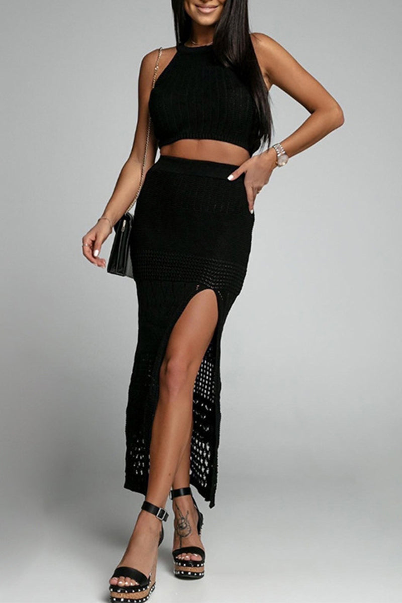 Sexy Vacation Solid Patchwork Slit O Neck Sleeveless Two Pieces