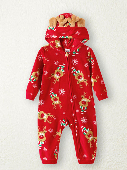 3D Antler Hooded Long Sleeve Red Thickened Polar Fleece PatPat Christmas Party Family Matching Onesies Sets for Winter Outdoors with Adorable Allover Deer Print