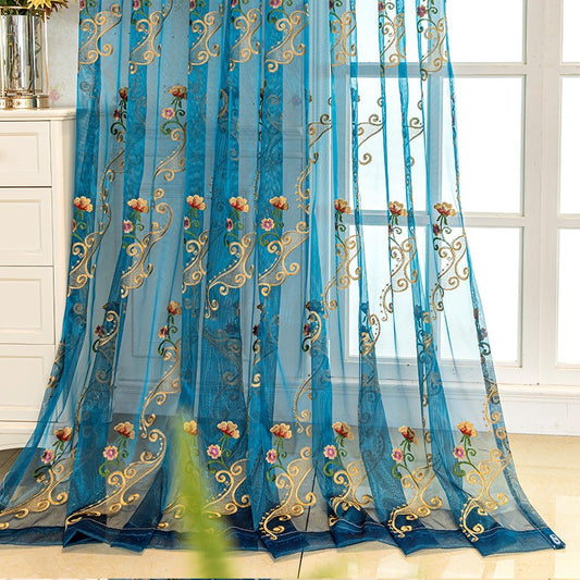 1-Panel Luxury Blue Embroidered Sheer Curtain - Light Filtering, Vintage Flower Pattern, Lace Voile Draperies for Living Room, Bedroom, Dining Room - Elegant Home Decor, Room Divider, and Window Treatment