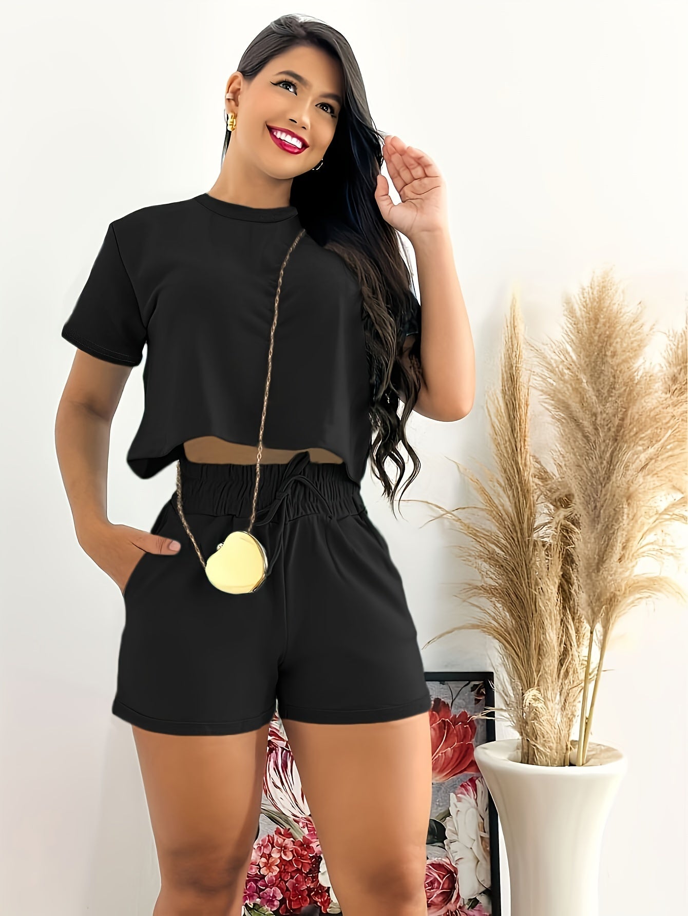 Womens Elegant Solid Color Casual Shorts Set - Crew Neck Short Sleeve Crop Top, Tie Waist Pants, Polyester Fabric, Regular Fit, Machine Washable - Perfect for Spring and Summer Outings