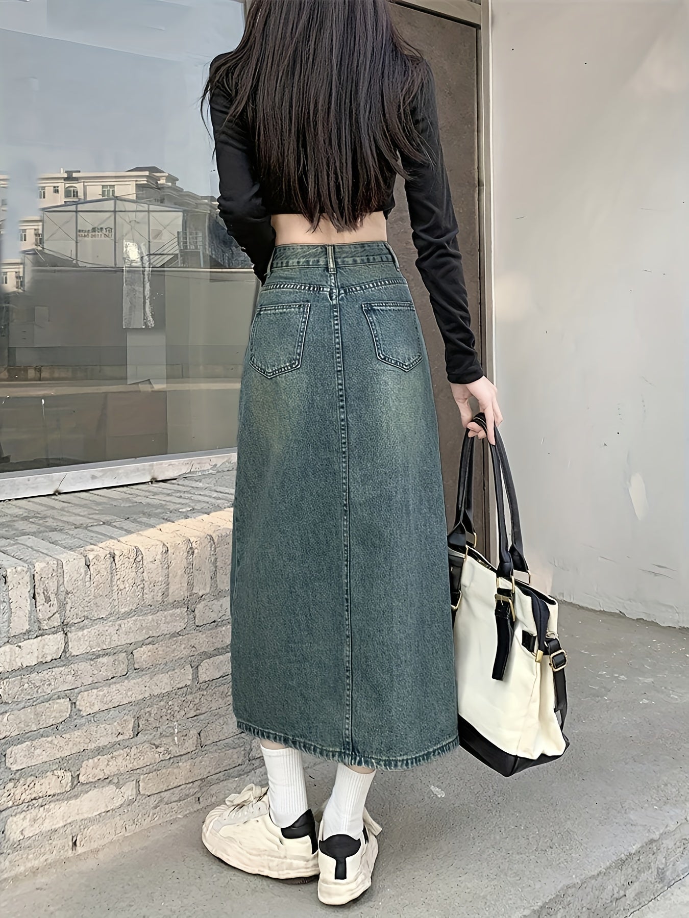 High Waist Split Denim Skirt, Slant Pockets Retro Style Denim Skirt, Women's Denim Clothing