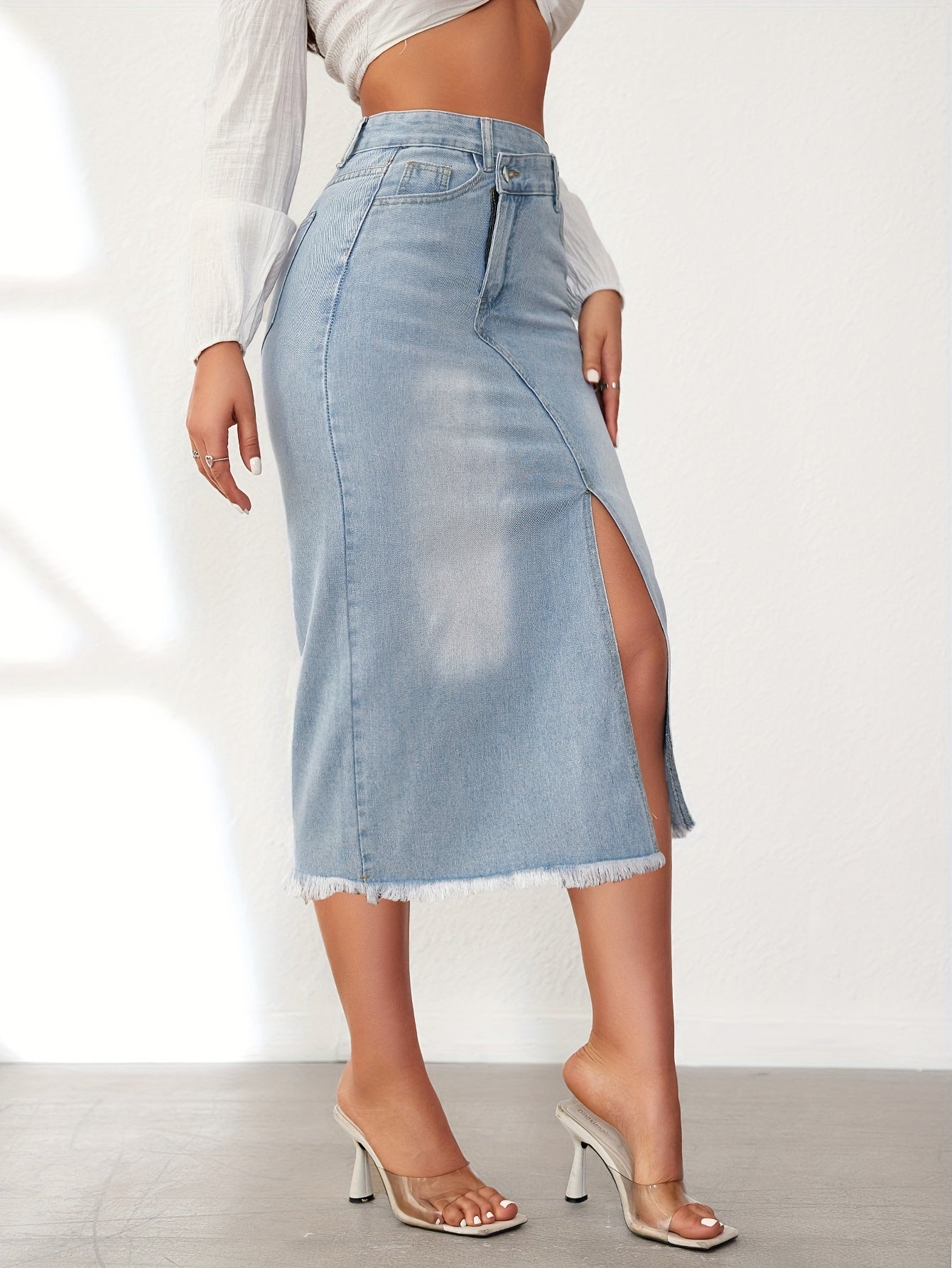 Raw Hem Split Stepped Waist Denim Skirt, Slash Pocket Asymmetric Casual Mini Denim Skirt, Women's Denim Jeans & Clothing