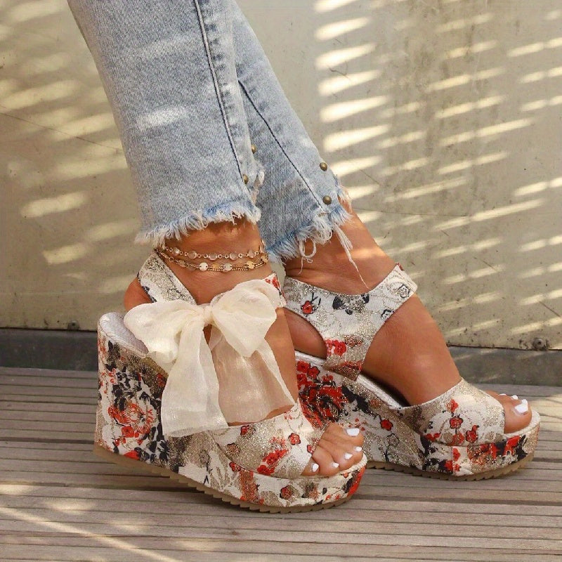 Chic Floral Print Wedge Sandals - Stylish Peep Toe with Bow Accent - Adjustable Slingback Platform Heels for All-Match Outdoor Fashion