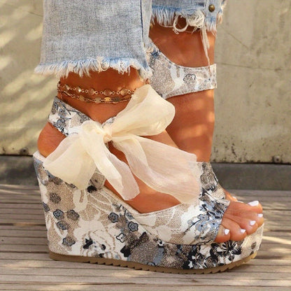 Chic Floral Print Wedge Sandals - Stylish Peep Toe with Bow Accent - Adjustable Slingback Platform Heels for All-Match Outdoor Fashion