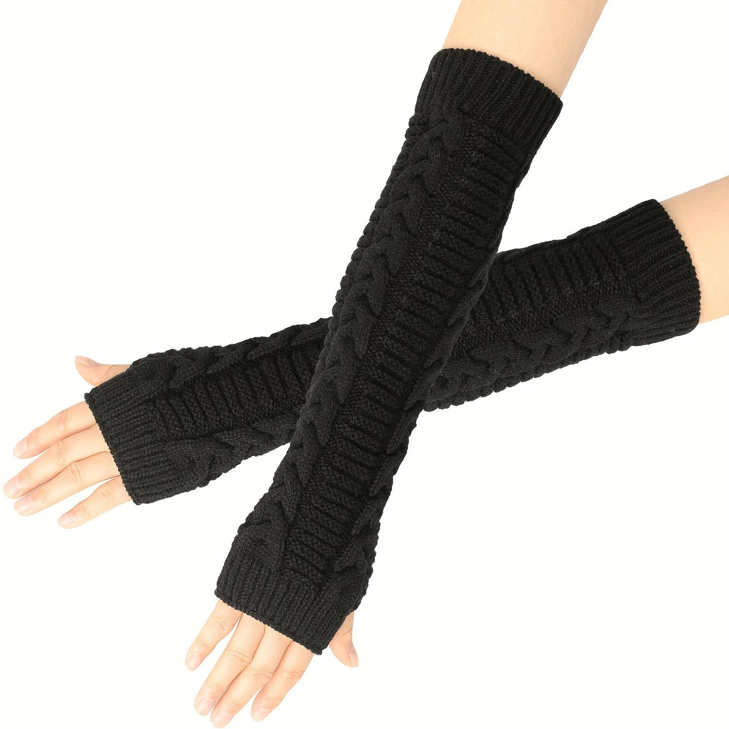 Solid Color Twist Knitted Gloves Long Fingerless Stretchy Sleeves With Thumb Hole Winter Outdoor Coldproof Warm Women's Gloves