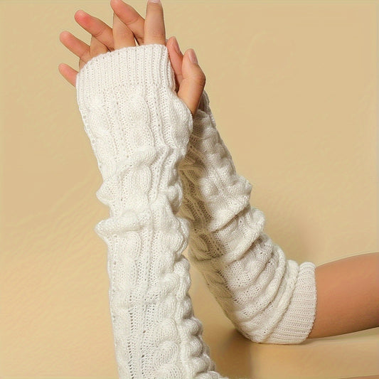 Solid Color Twist Knitted Gloves Long Fingerless Stretchy Sleeves With Thumb Hole Winter Outdoor Coldproof Warm Women's Gloves