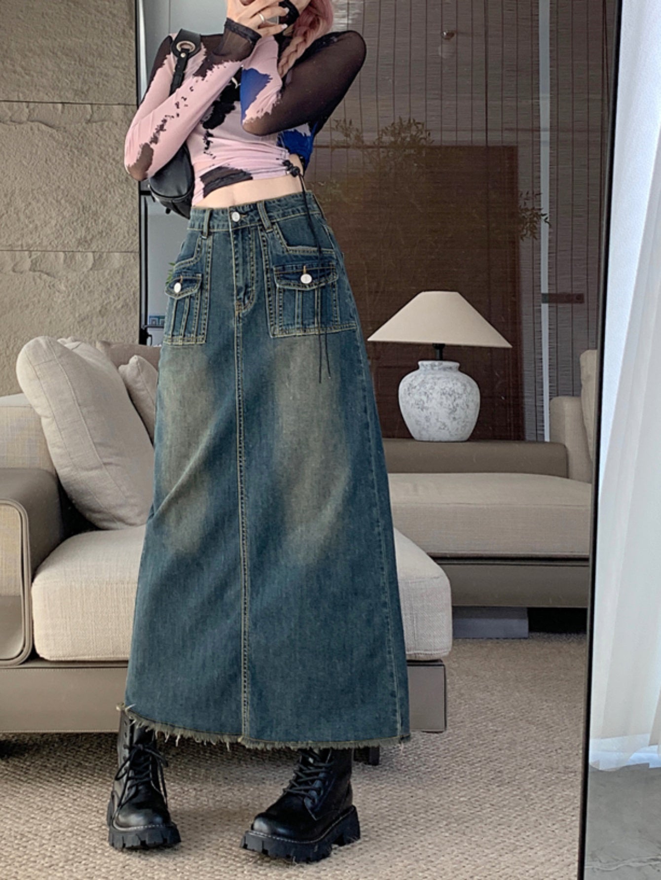 Flap Pocket Raw Hem Distressed Washed Denim Skirt, Retro Slash Pocket Maxi Denim Skirt, Women's Denim Jeans & Clothing