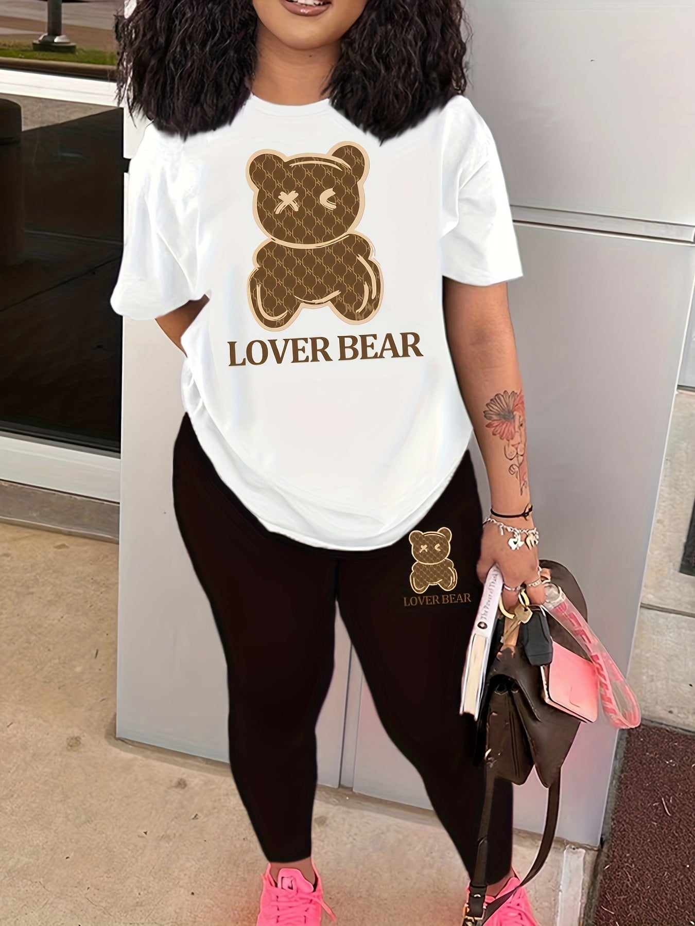 Bear Print Casual Two-piece Set, Short Sleeve Crew Neck T-shirt & Slim Pants Outfits, Women's Clothing