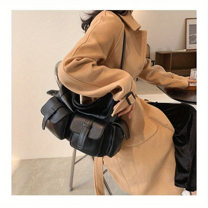 Large Capacity Women's Fashionable PU Motorcycle Style Crossbody Tote Shoulder Bag with Adjustable Strap