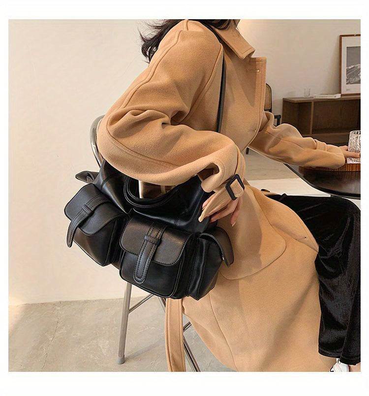 Large Capacity Women's Fashionable PU Motorcycle Style Crossbody Tote Shoulder Bag with Adjustable Strap