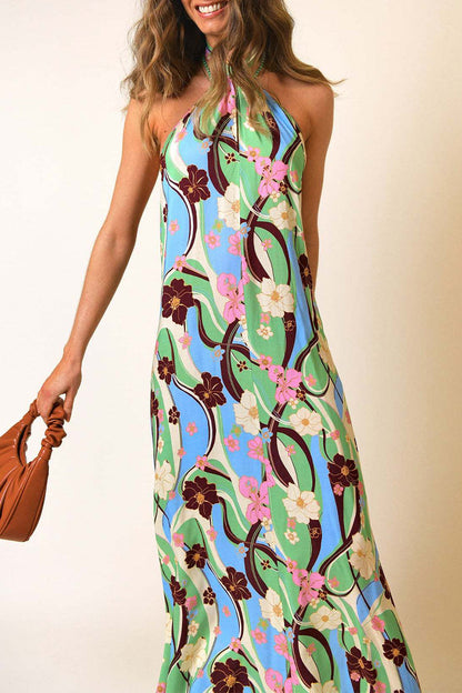 Bohemian Vacation Floral Frenulum Backless Printed Dresses