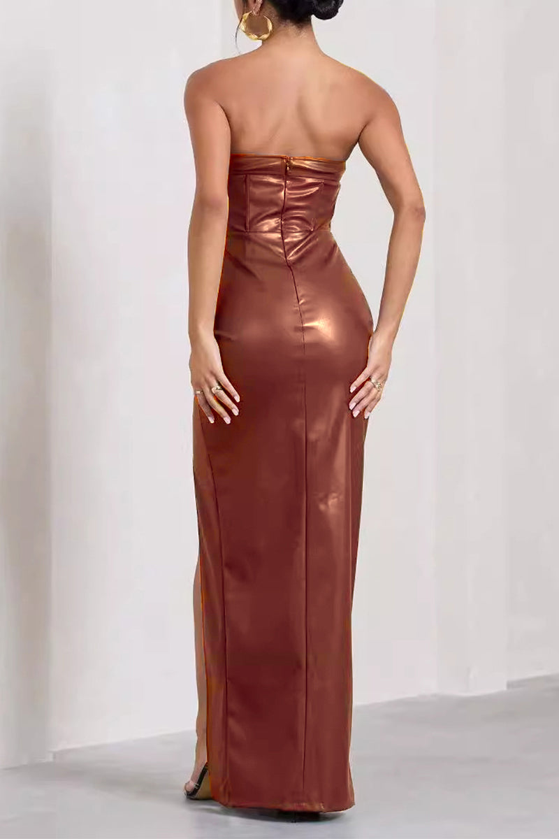 Sexy Solid Backless Slit Strapless One Step Skirt Dresses