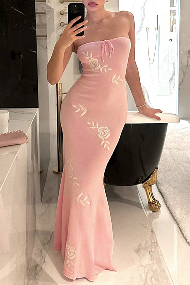 Sexy Flowers Embroidered Bandage Strapless One Step Skirt Dresses