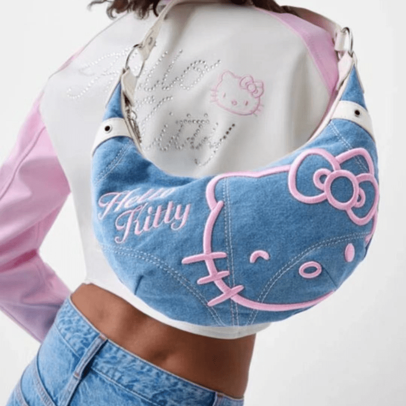 Hello Kitty Denim Shoulder Bag - Chic Underarm Crossbody Tote, Secure Turn-Lock Flap & Chain, Casual Fashion Handbag for Shopping, Travel, Outdoor - Birthday Party Gift, No Electricity Needed