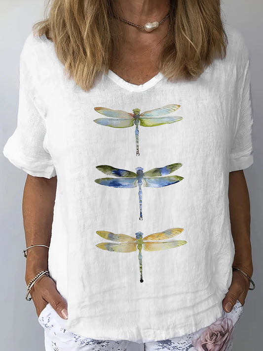 Vibrant Dragonfly Cartoon Print V-Neck T-Shirt - Soft Cotton, Relaxed Fit, Casual Short Sleeve Top for Women - Perfect for Spring and Summer