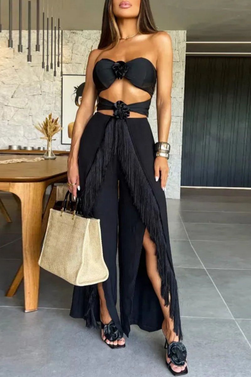 Sexy Casual Solid Tassel Hollowed Out Backless Slit Strapless Sleeveless Two Pieces