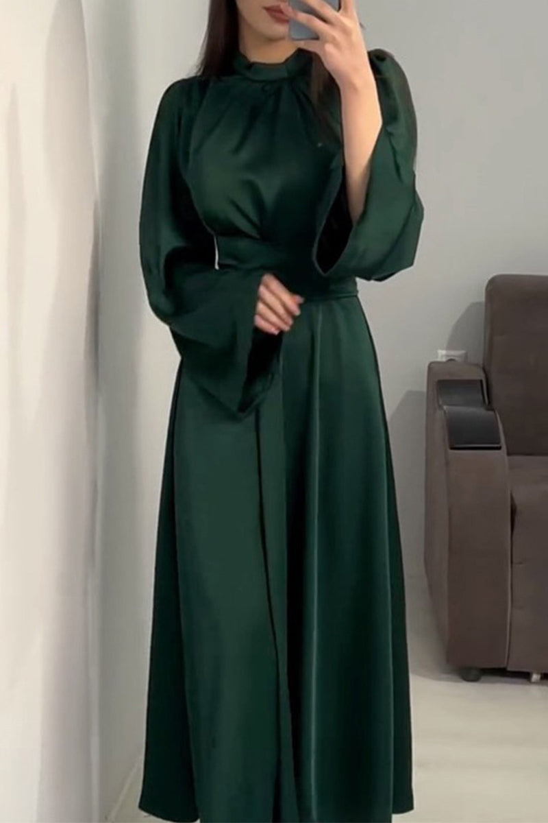 Elegant Solid Slit Half A Turtleneck Waist Skirt Dresses