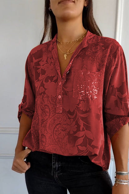 Floral Pocket Contrast Mandarin Collar Tops