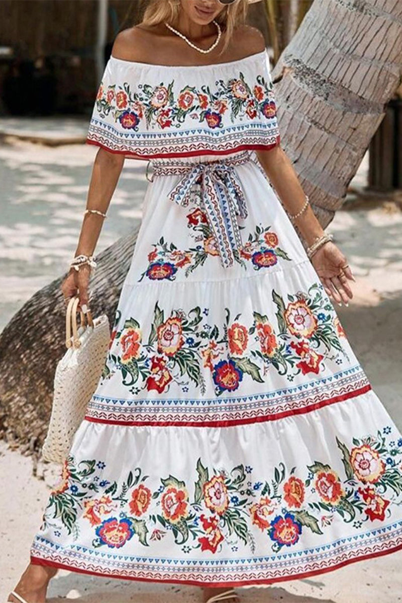 Floral Frenulum Off the Shoulder Printed Dresses