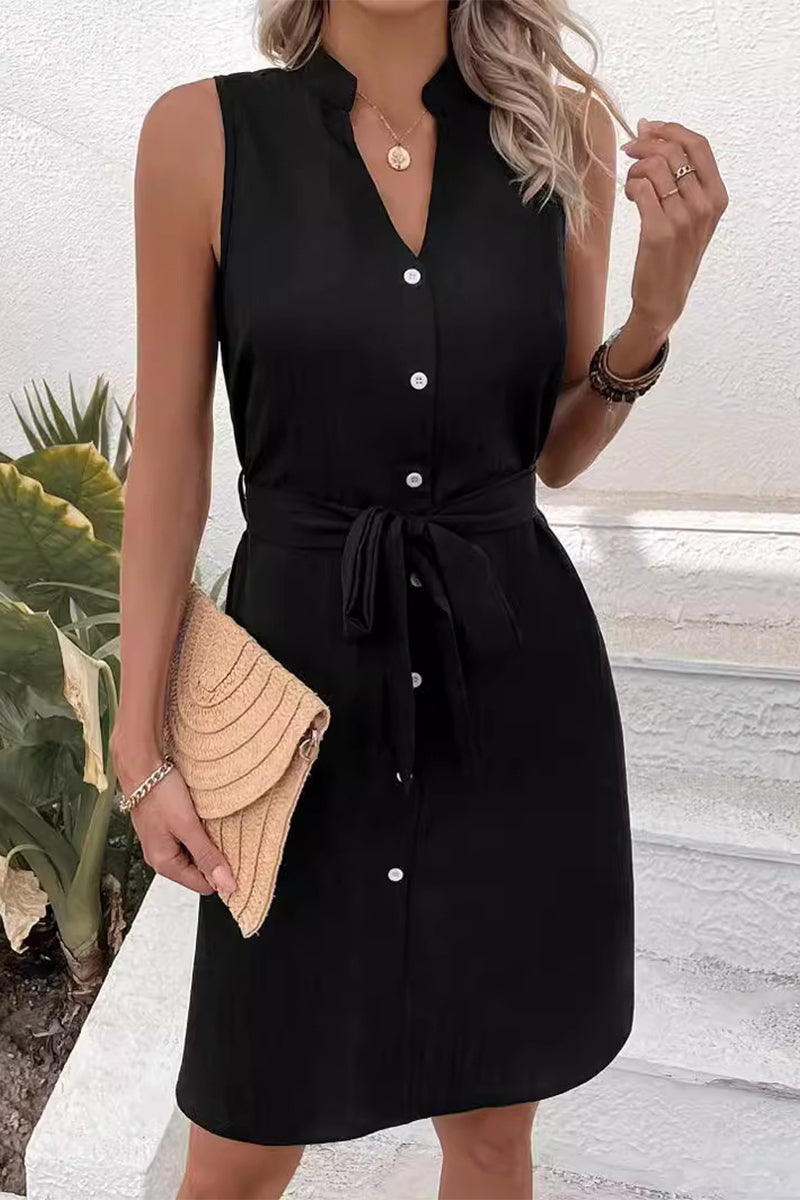 Elegant Solid Buckle V Neck A Line Dresses