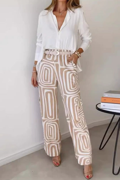 Elegant Striped Print Turndown Collar Long Sleeve Two Pieces