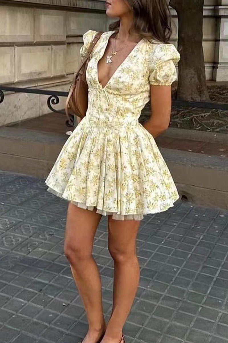 Sweet Elegant Print Flowers Frenulum V Neck A Line Dresses