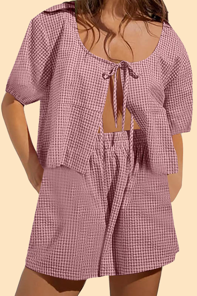 Casual Plaid Bandage Pocket U Neck Short Sleeve Two Pieces