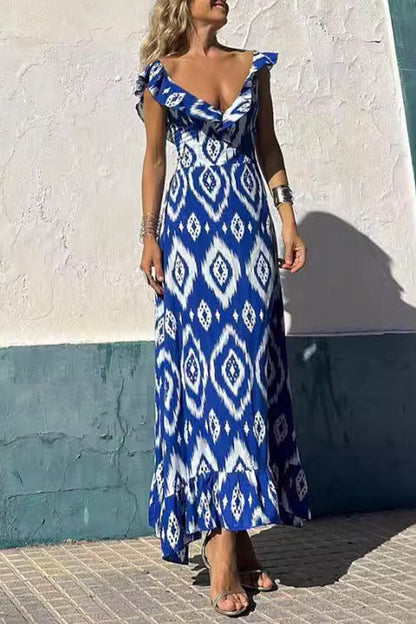 Sexy Geometric Print Flounce V Neck A Line Dresses