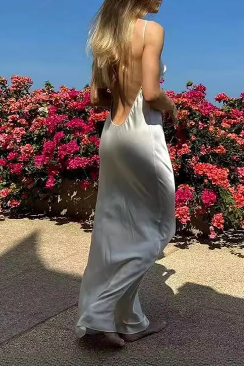 Sexy Solid Backless V Neck Sling Dresses