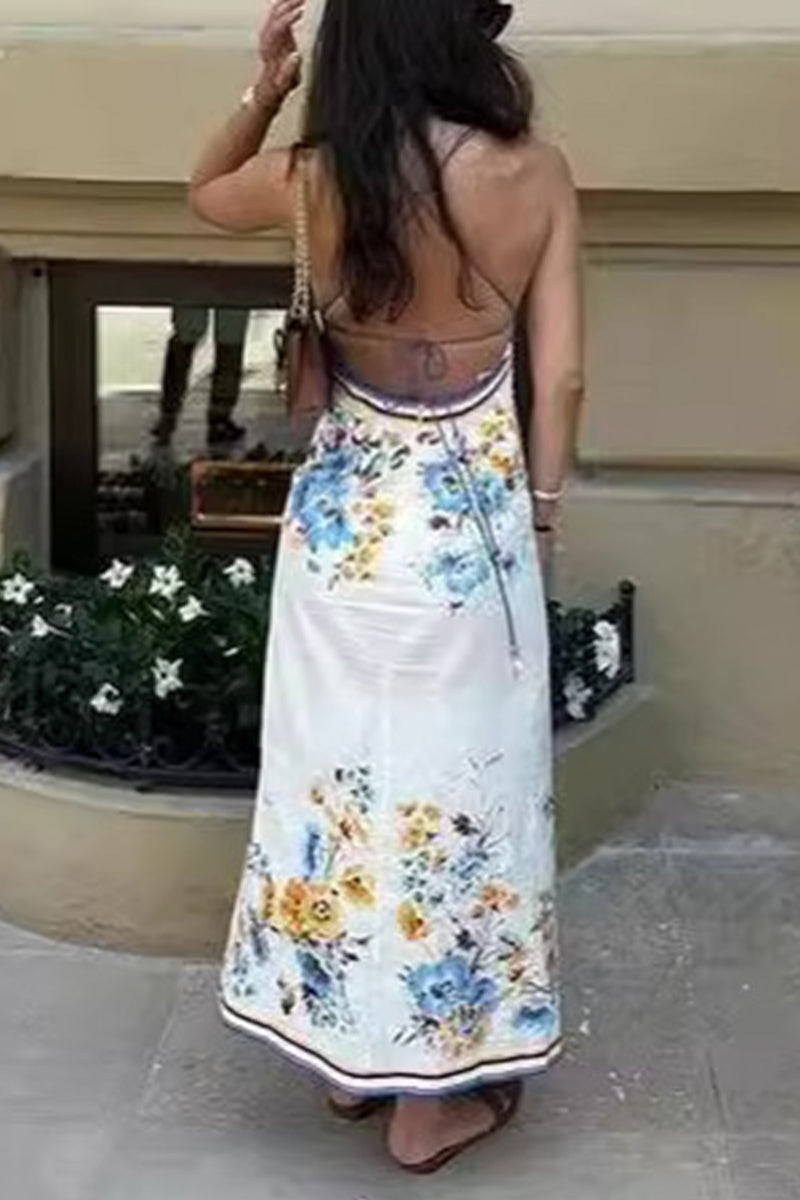 Casual Floral Frenulum Backless V Neck Sling Dresses